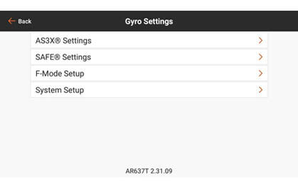 Screenshot of the display of AS3X+ forward programming menu offers wireless configuration from any Spektrum transmitter