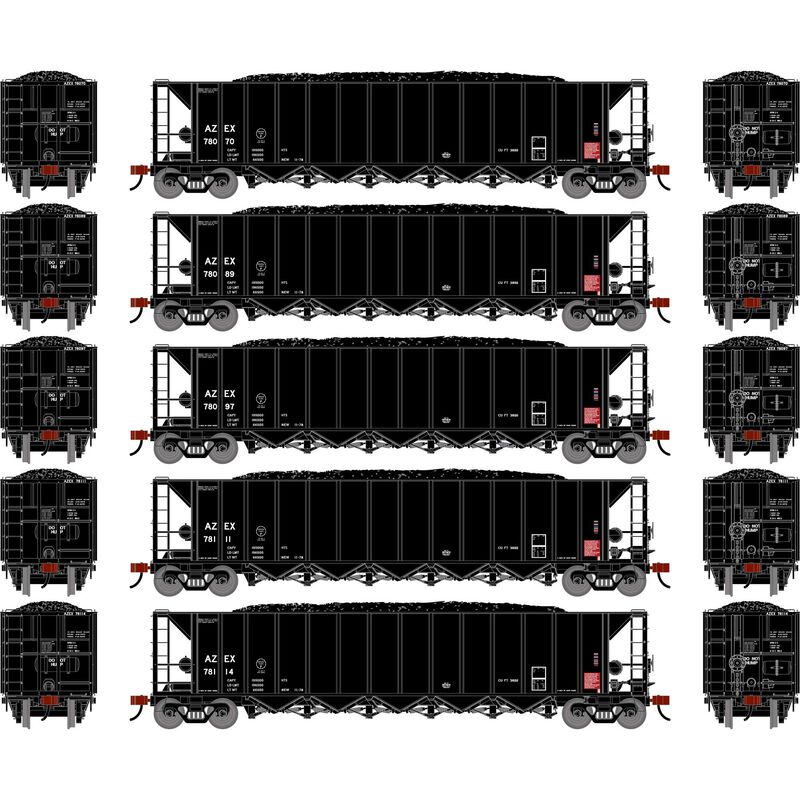Athearn HO ATH Ortner 5-Bay Rapid Discharge Hopper w/Coal Load, AZEX #78070/78089/78097/78111/78114 (5)