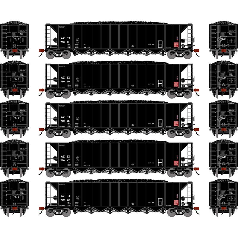 Athearn HO ATH Ortner 5-Bay Rapid Discharge Hopper w/Coal Load, AZEX #78011/78020/78035/78047/78052 (5)