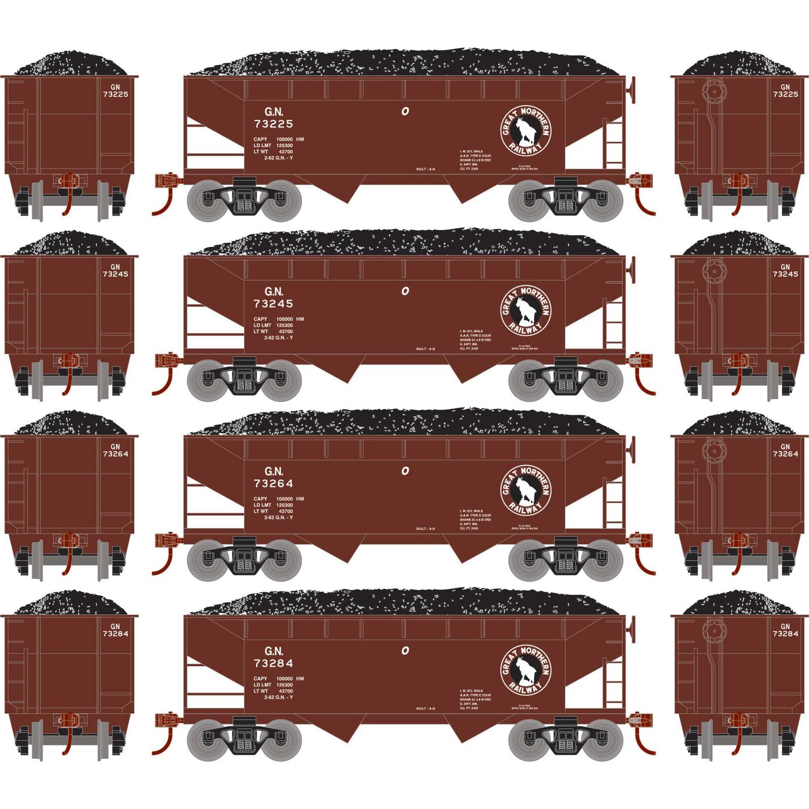 HO 34' 2-Bay Offset Hopper with Coal Load, GN #73225 / 73245 / 73264 / 73284 (4)