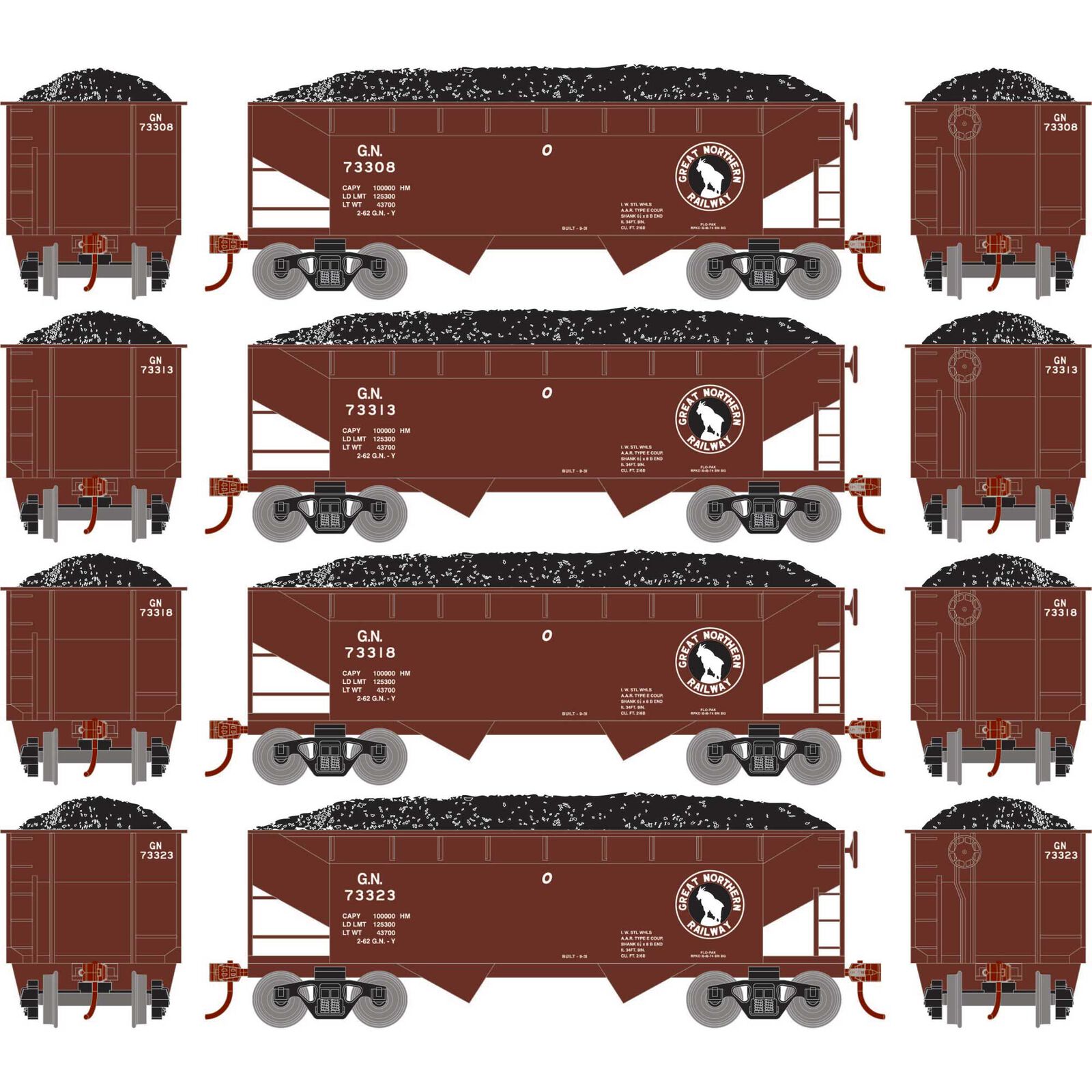 HO 34' 2-Bay Offset Hopper with Coal Load, GN #73308 / 73313 / 73318 / 73323 (4)