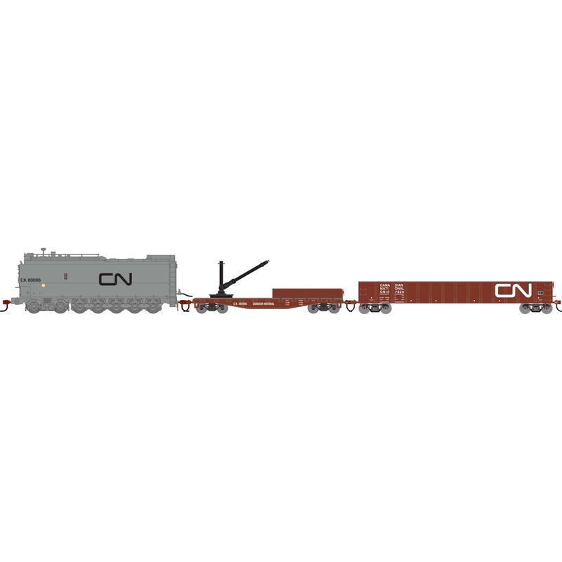 HO MOW Set, CN Fuel Oil Tank Car #80096/Derrick Car #499998/52' Mill Gondola #137820 (3) HO MOW Set, CN Fuel Oil Tank Car #80096/Derrick Car #499998/52' Mill Gondola #137820 (3)
