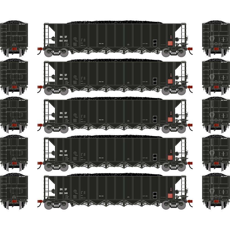 Athearn HO ATH Ortner 5-Bay Rapid Discharge Hopper w/Coal Load, BNSF #664012/664024/664033/664045/664049 (5)