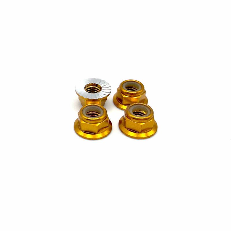 5mm Aluminum Flanged & Serrated Lock Nuts, Gold (4)