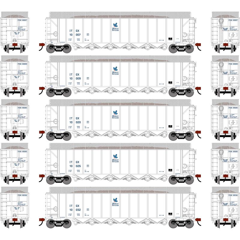 Athearn HO ATH Ortner 5-Bay Rapid Discharge Hopper w/Coal & Exten, ITGX #10007/10009/10020/10025/10032 (5)