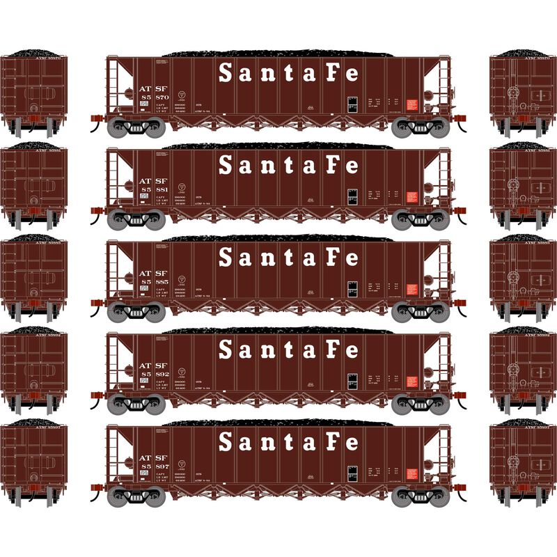 Athearn HO ATH Ortner 5-Bay Rapid Discharge Hopper w/Coal Load, ATSF #85870/85881/85885/85892/85897 (5)