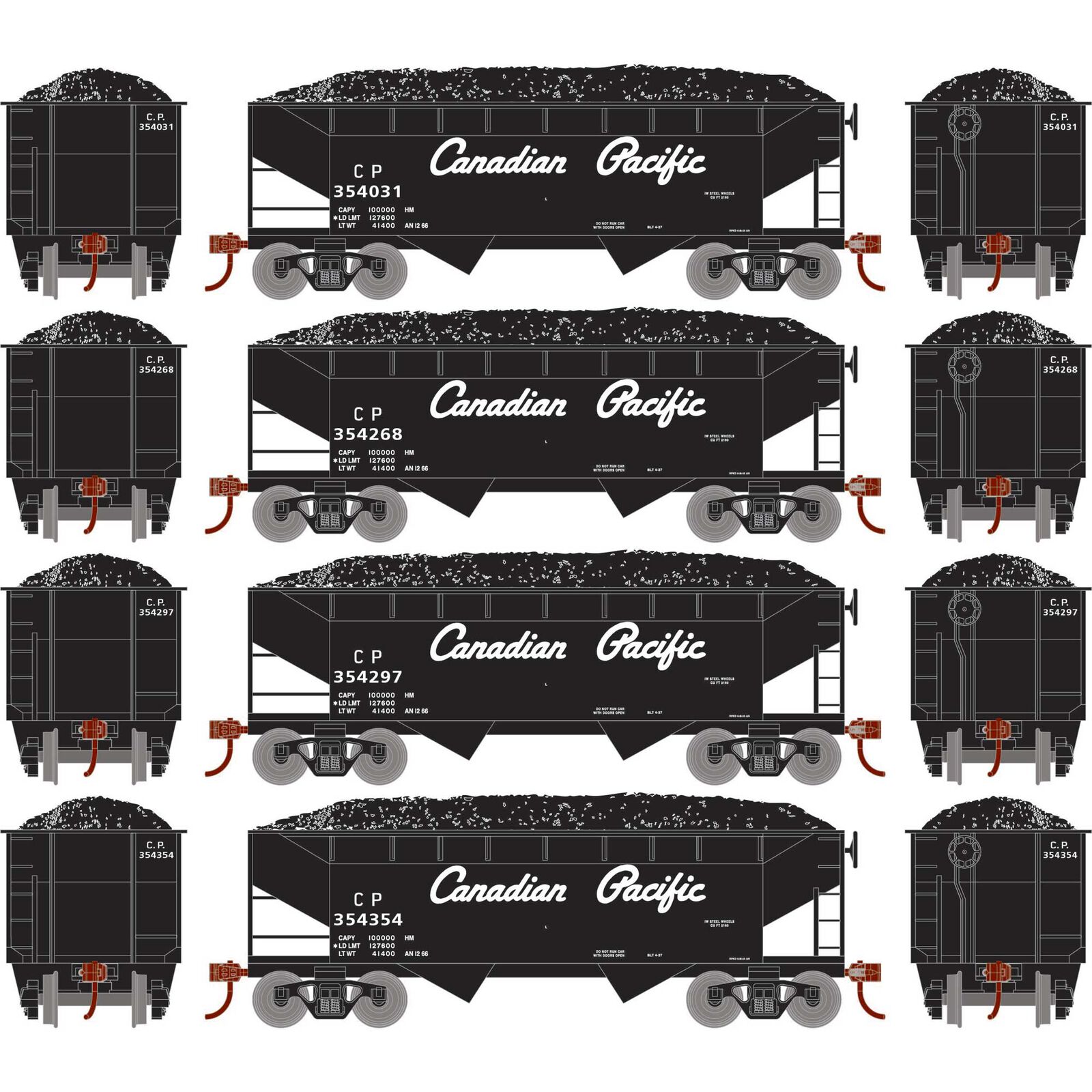 HO 34' 2-Bay Offset Hopper with Coal Load, CP #354031 / 354268 / 354297 / 354354 (4)