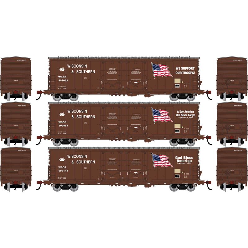 HO ATH 50' Evans Double Plug Door Box Car, WSOR 'Flag Cars' #503052/503081/503144 (3)