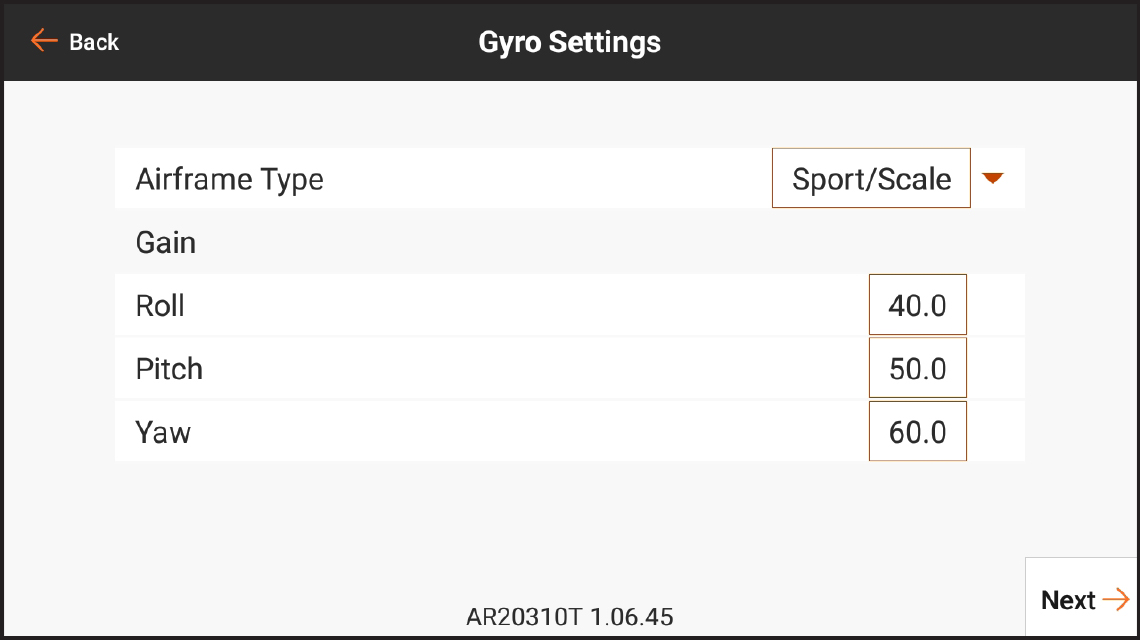 PROGRAMMATION Paramètres du gyroscope