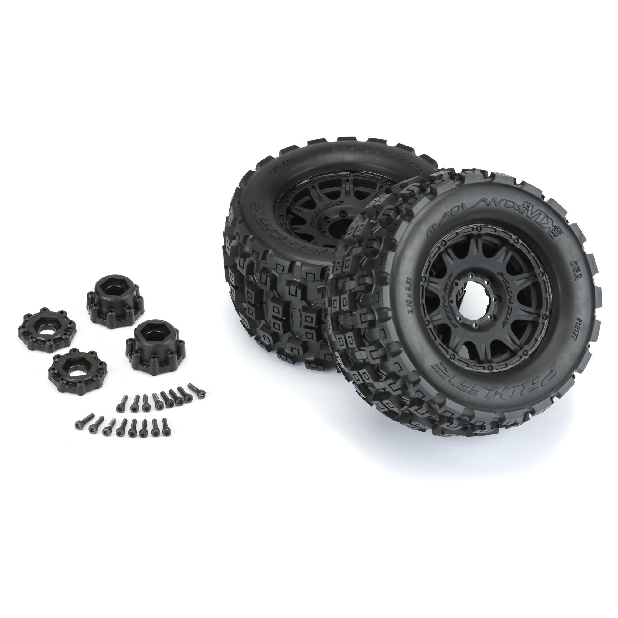 1/8 Badlands MX38 F/R 3.8" MT Tires Mounted 17mm Black Raid (2)