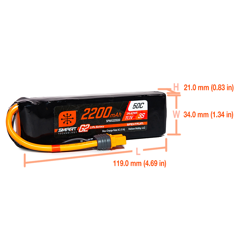 11.1V 2200mAh 3S 50C Smart G2 LiPo Battery: IC3