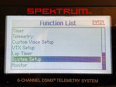 Entering function list to select the System setup option